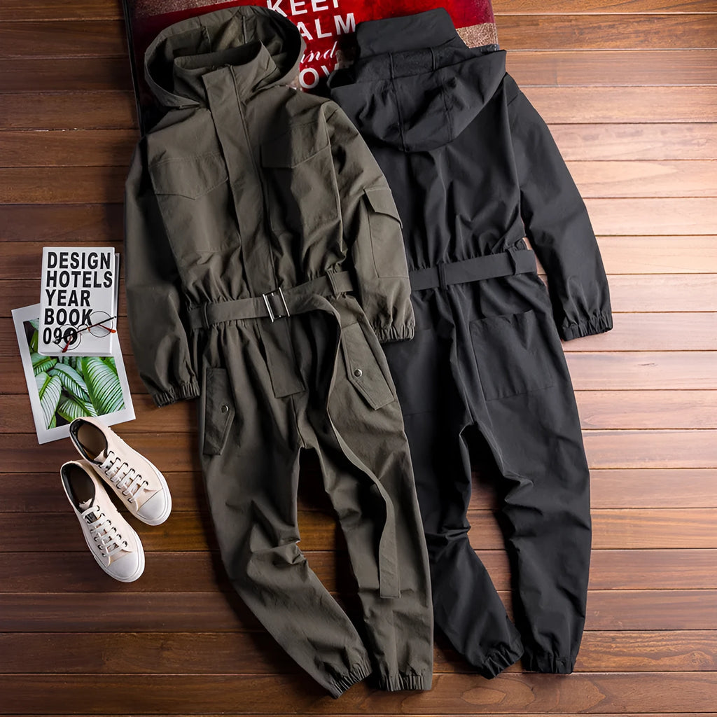 Men's hooded workwear jumpsuit in army green with ankle-tied cuffs and zip closure