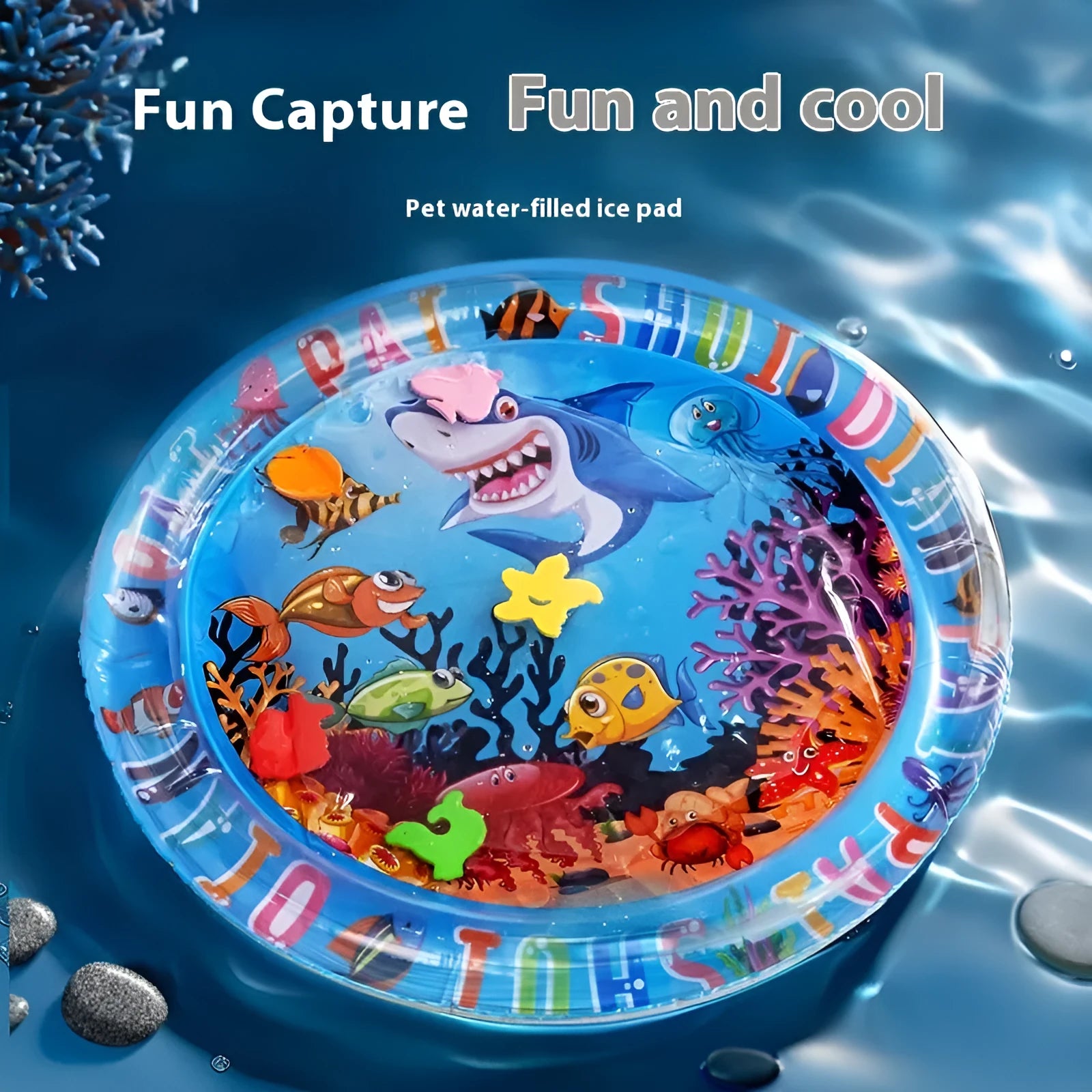 Blue inflatable pet water bed with dolphin design, showing water filling port.