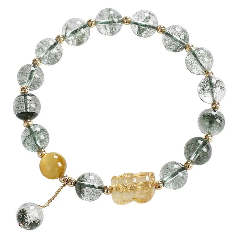 Green phantom quartz crystal bracelet with 8mm beads and gold accents in geometric ethnic style