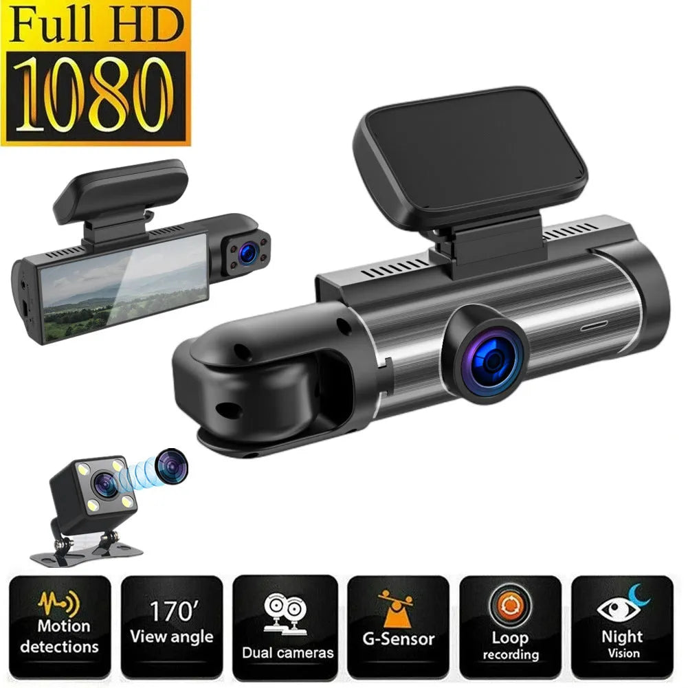 Black dual-lens car dash cam with a 3.5-inch LCD screen mounted on a windscreen.