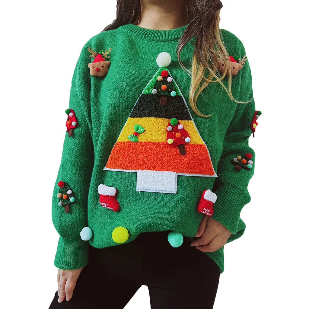 Christmas pattern loose fit round neck pullover sweater in red green black polyester knit