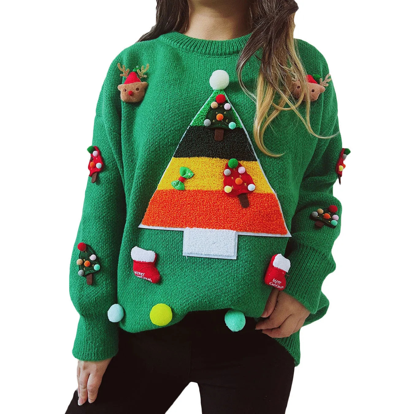 Christmas pattern loose fit round neck pullover sweater in red green black polyester knit