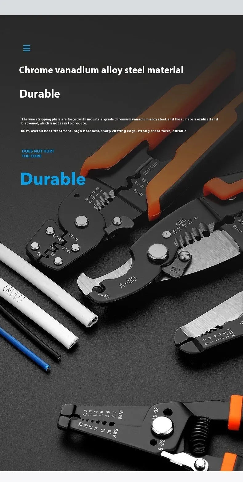 Box mounted automatic wire stripping pliers with high carbon steel blades for electrical cable work