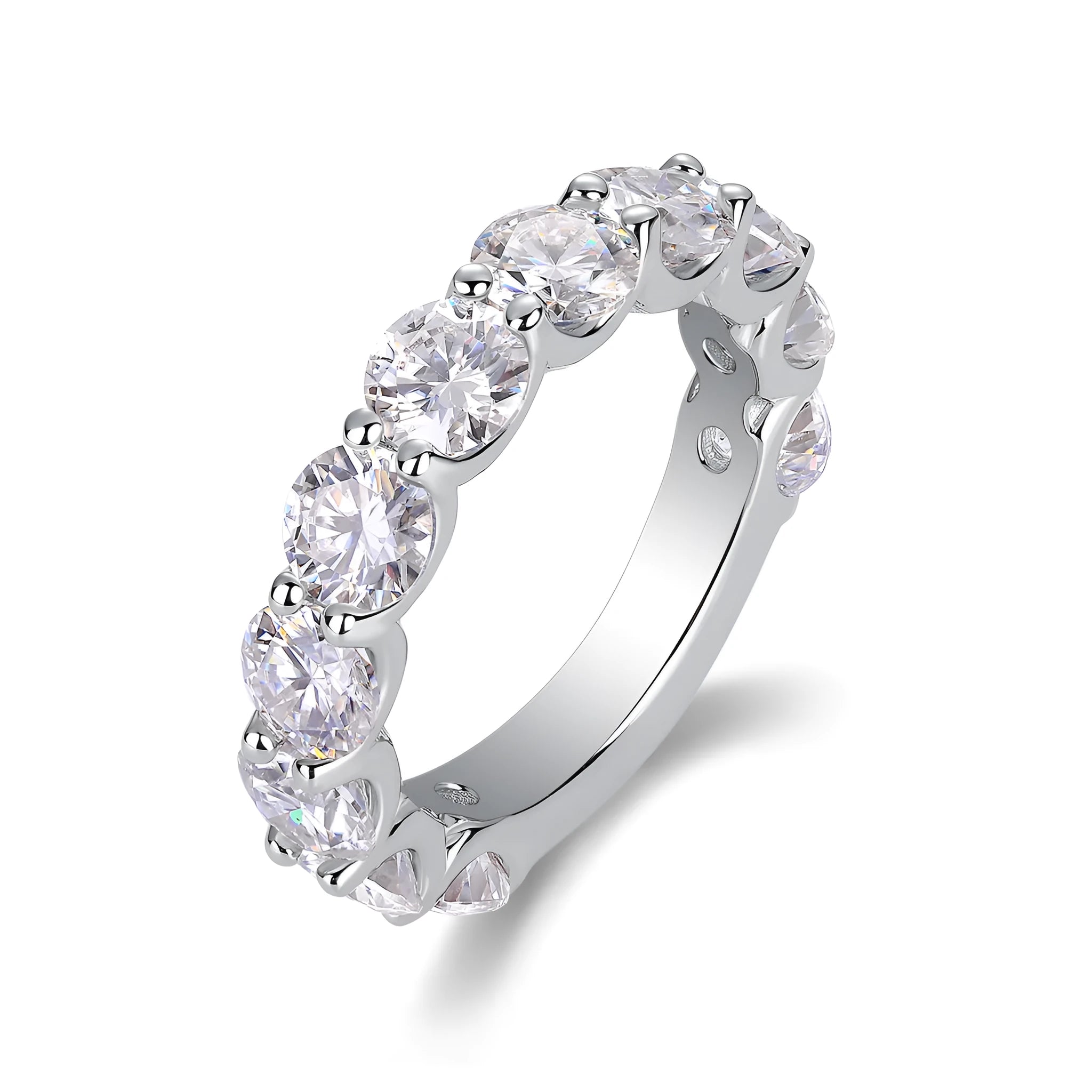 Dazzling Moment round 5.0mm moissanite wedding ring set in platinum-plated S925 silver on gift box with GRA certificate
