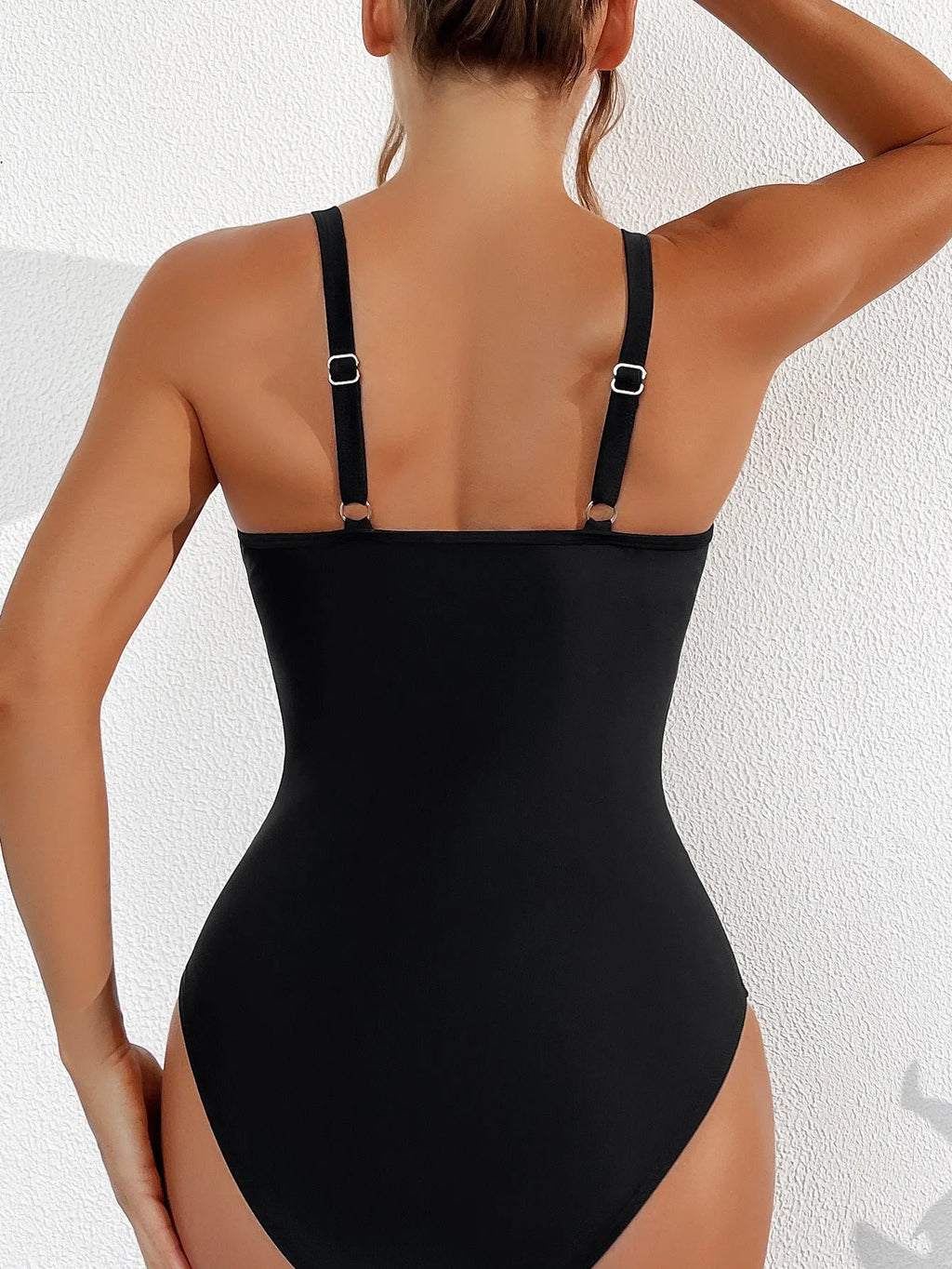 Black pure colour mesh halter one-piece swimsuit with brief coverage and sleeveless design