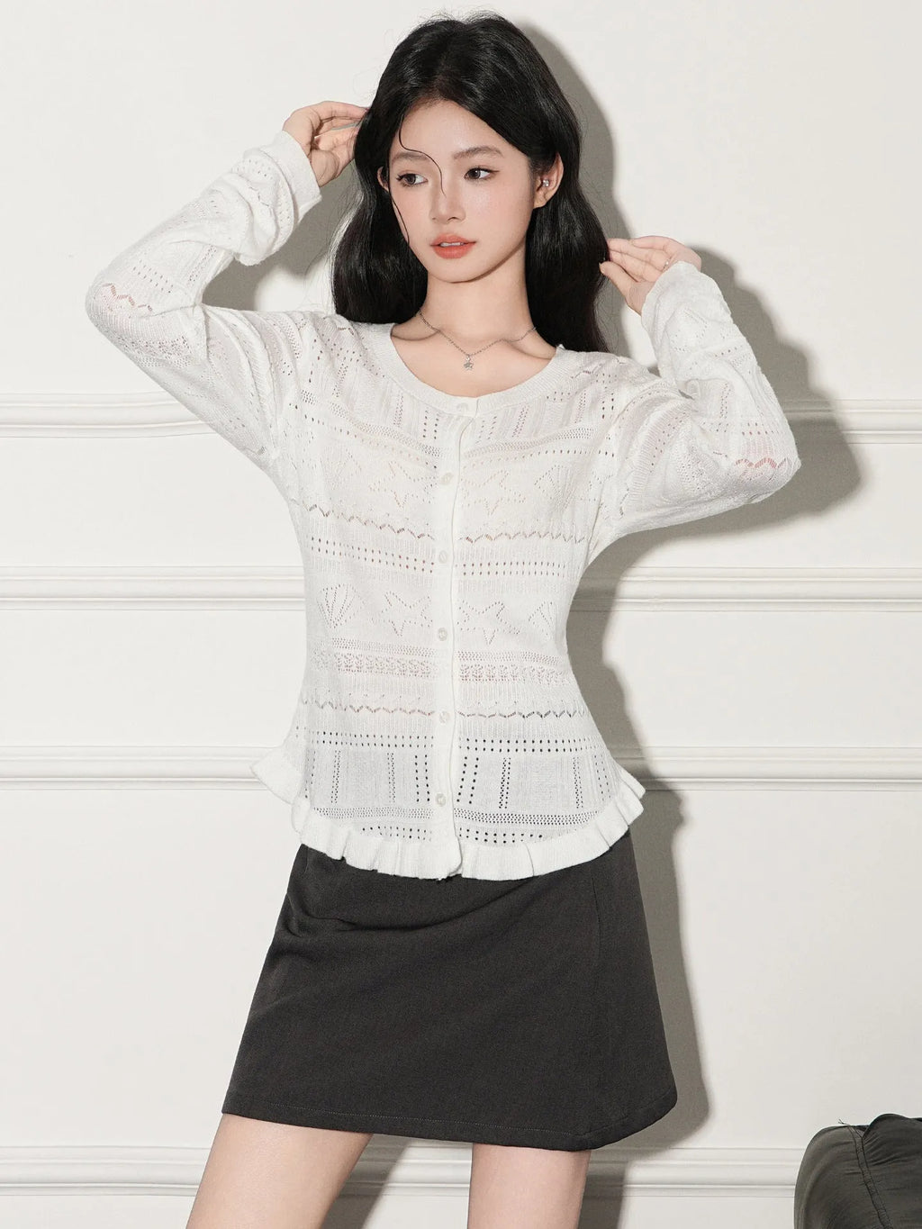 White hollow-out knit cardigan pullover slim fit long sleeve Japanese Korean casual style