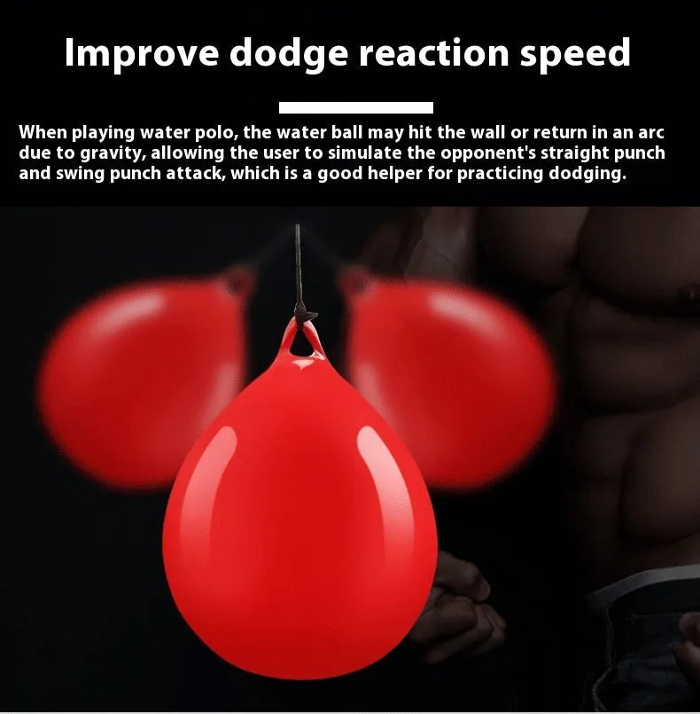 Red water filled PVC boxing reaction ball with hook rope attachment for martial arts training