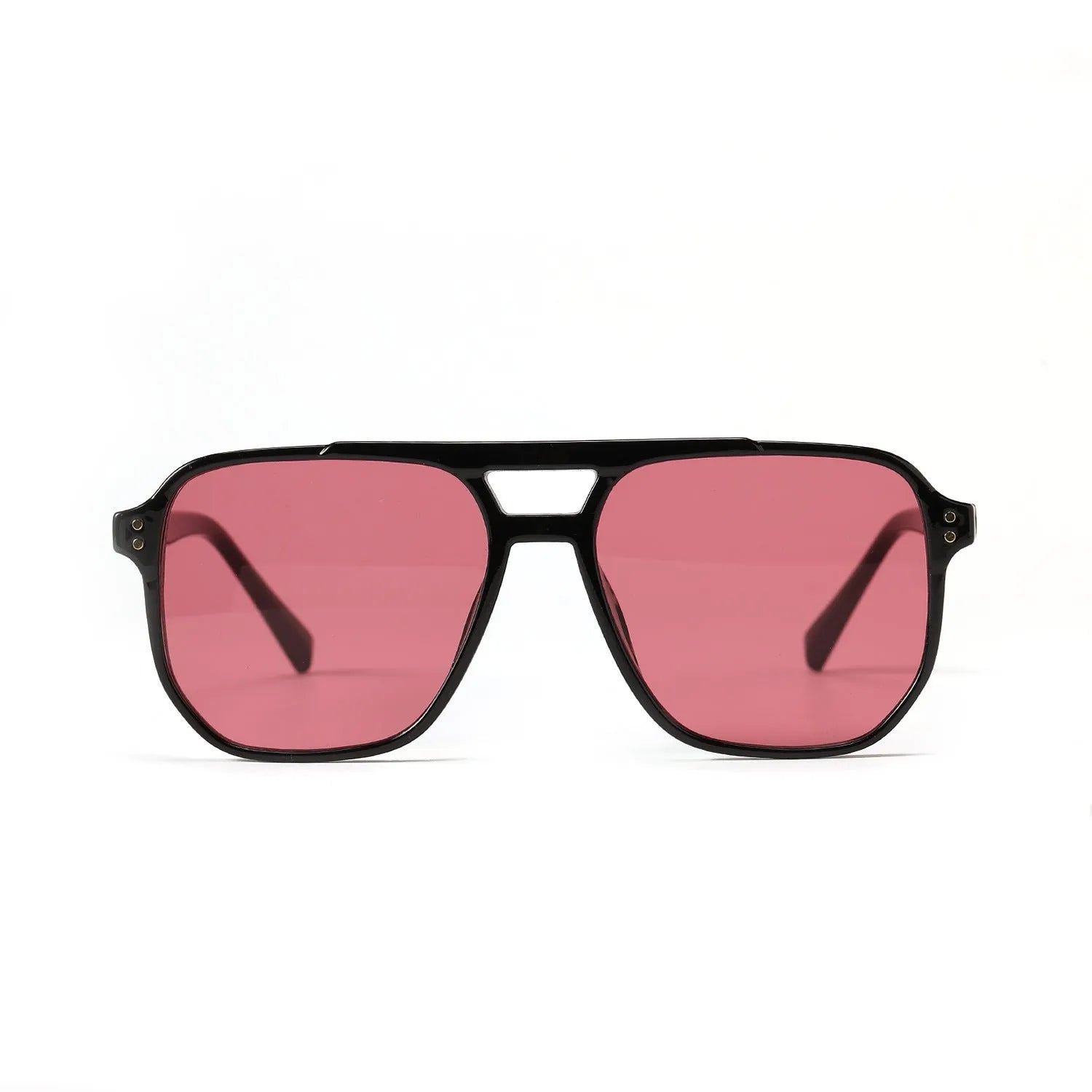 Square double beam sunglasses for women in black frame with pink lenses, UV400 protection