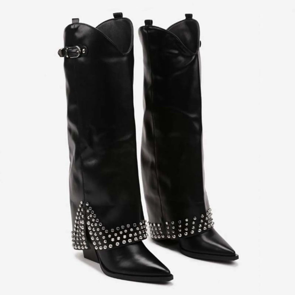 Women's black frosted rivet pantyhose boot with a microfiber suede upper and rubber sole.