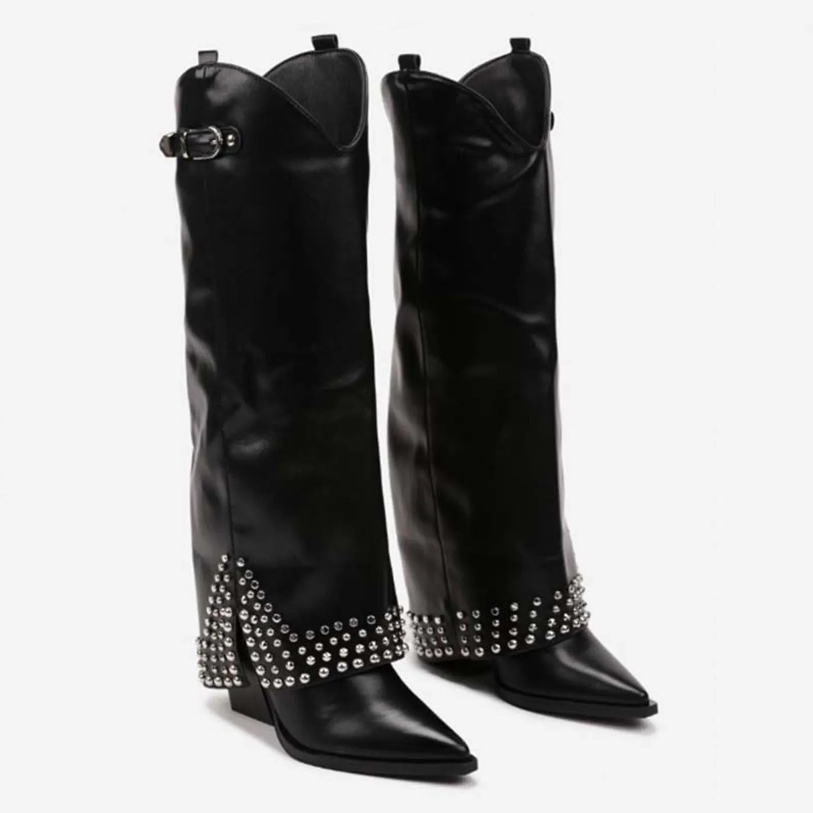Women's black frosted rivet pantyhose boot with a microfiber suede upper and rubber sole.