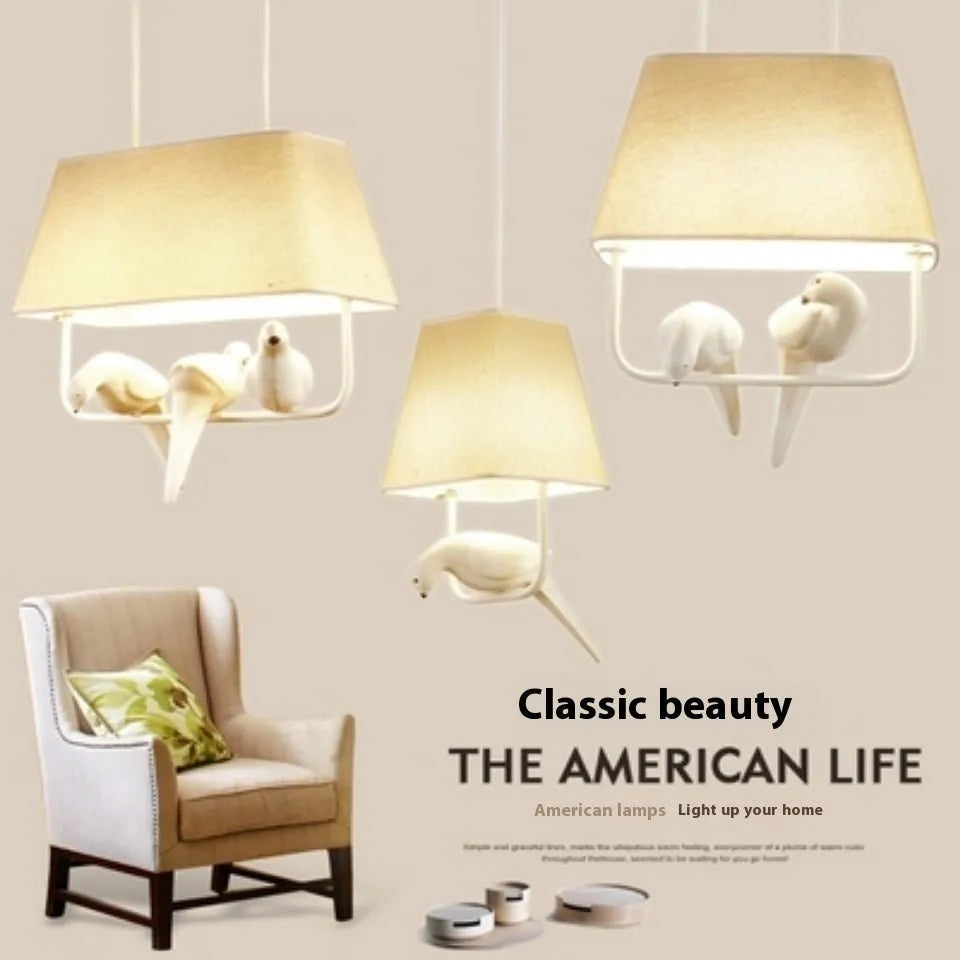 Bird chandelier ceiling lamp with fabric shade and iron frame in multiple head configurations
