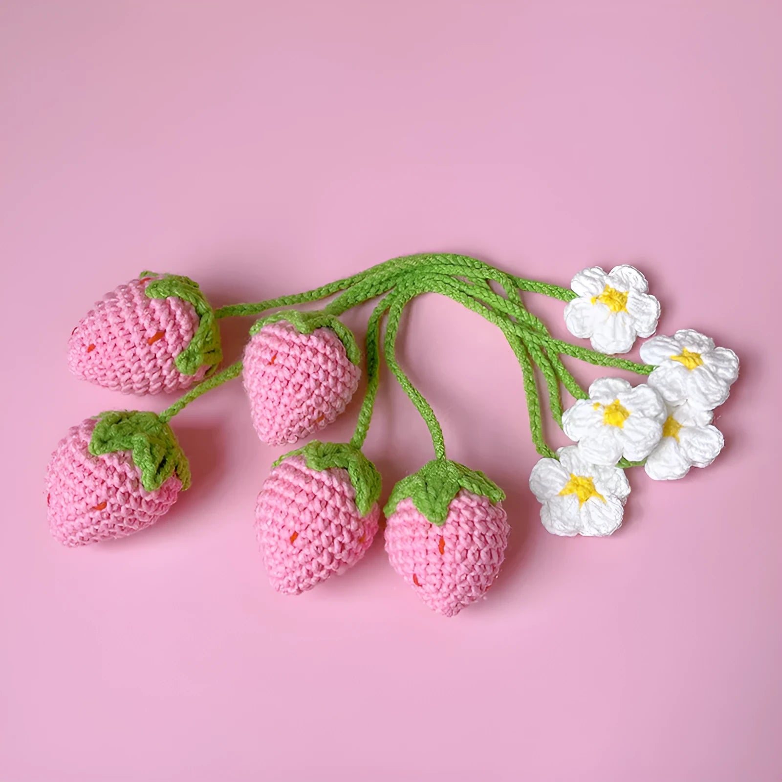 Wool crochet woven strawberry pendant necklace showing knitted texture and single charm design