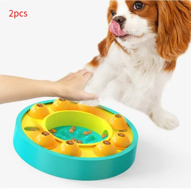 Square lake blue dog puzzle toy with a central food column and top turntable on a non-slip base.