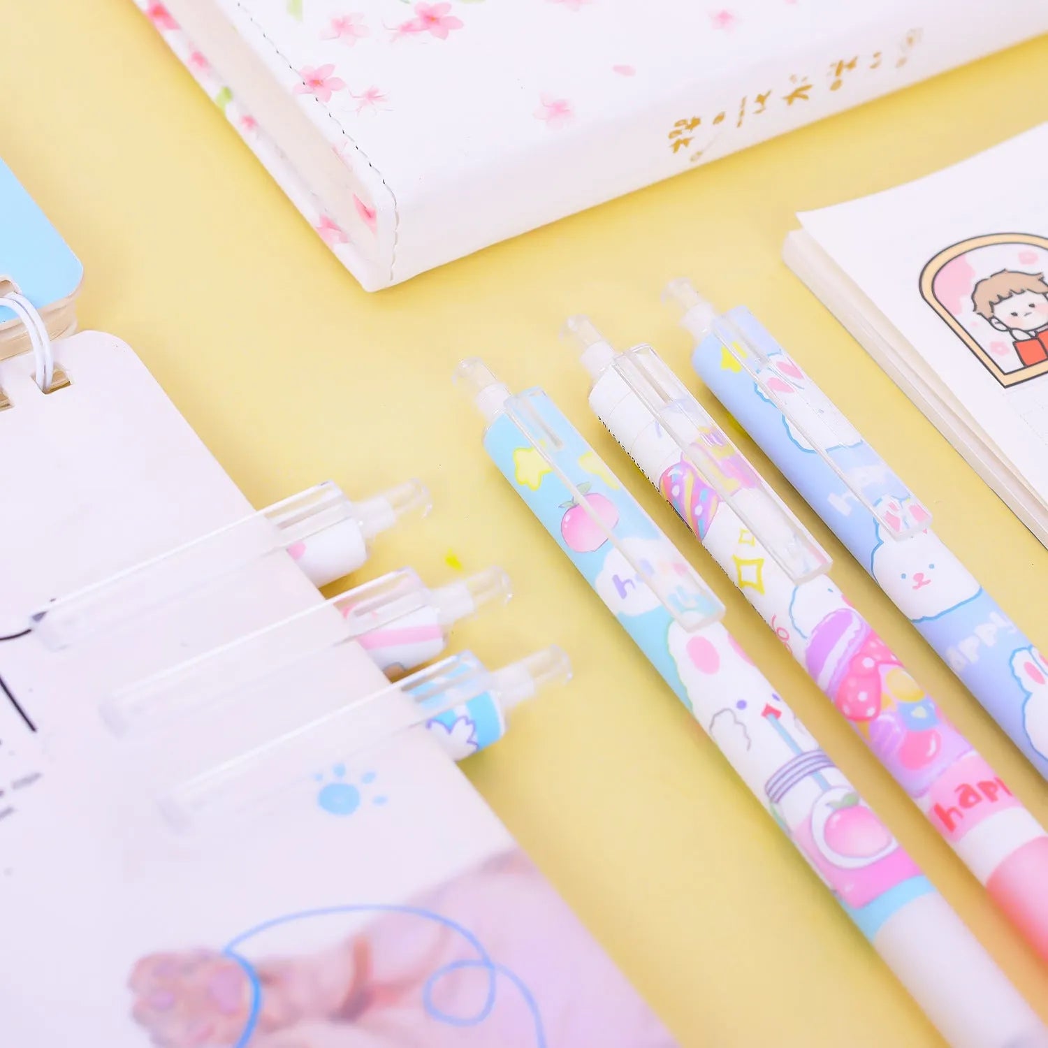 Six Cartoon Bunny Student Stationery Writing Pens with 0.5mm black ink tips in plastic shells