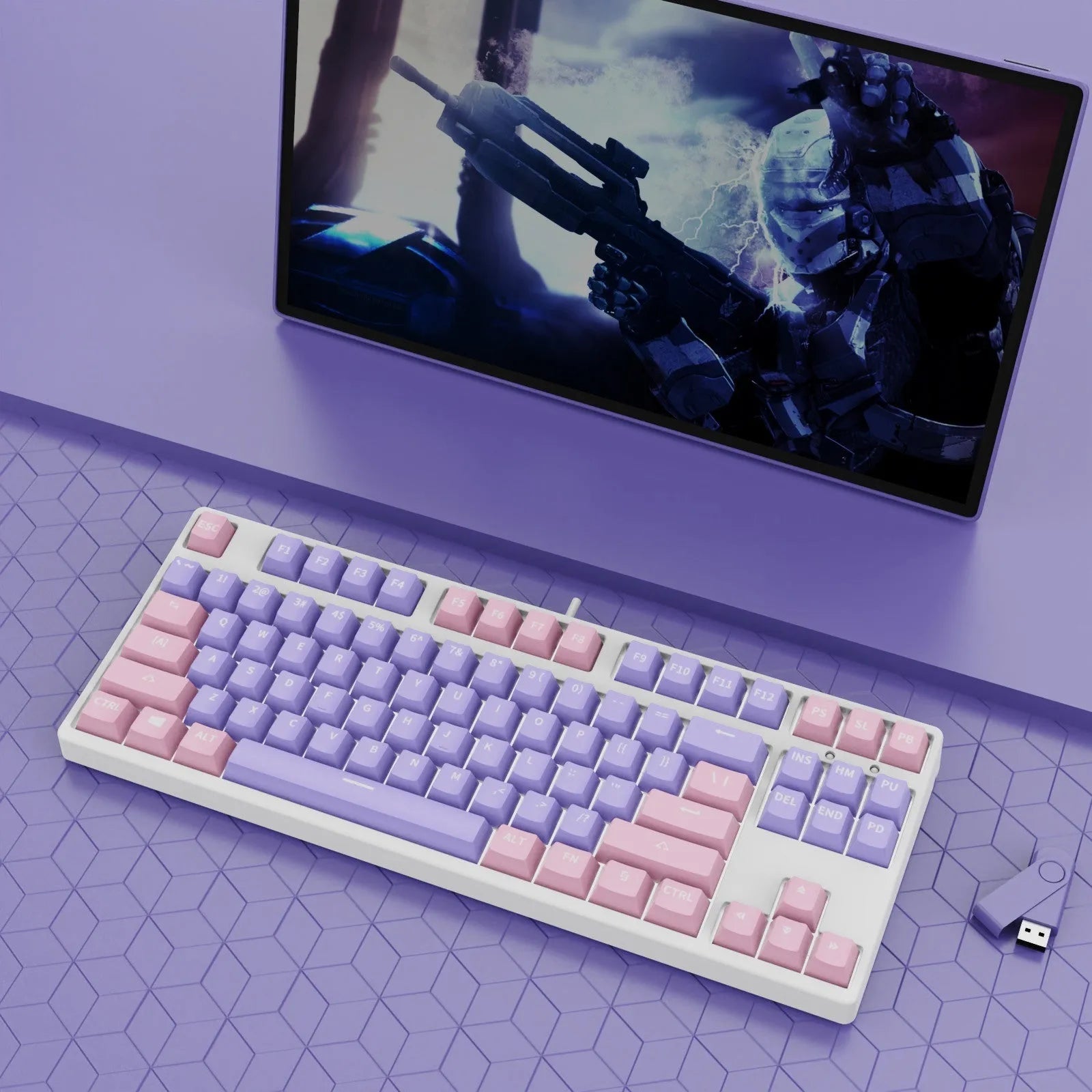 87-key wired mechanical gaming keyboard with hot-swappable switches in dual-colour keycap configuration