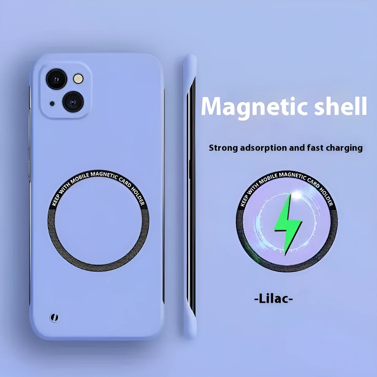 Frosted frameless magnetic MagSafe phone case for iPhone 16 Pro Max in Lilac Purple with ultra-thin PC back.