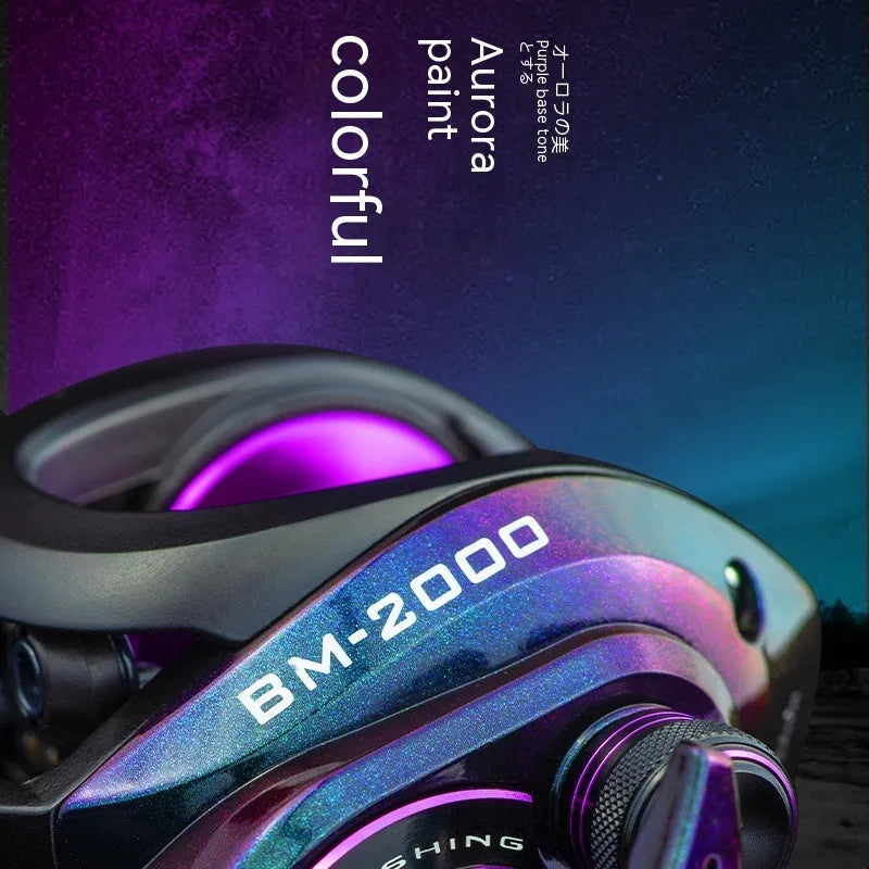 BM2000 fishing spinning reel with magnetic brake in water drop colour, showing left-hand and right-hand model options.