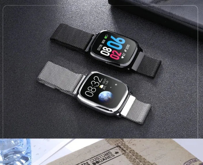 Black smart pedometer watch with temperature sensor on a wrist, showing 1.3-inch display