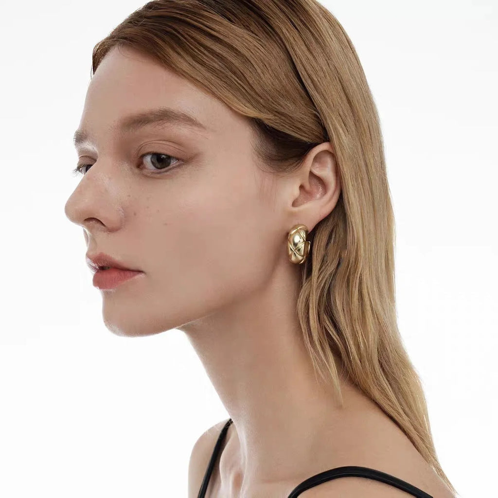 Gold plated copper stud earrings with geometric diamond lattice design, 24mm diameter, for women