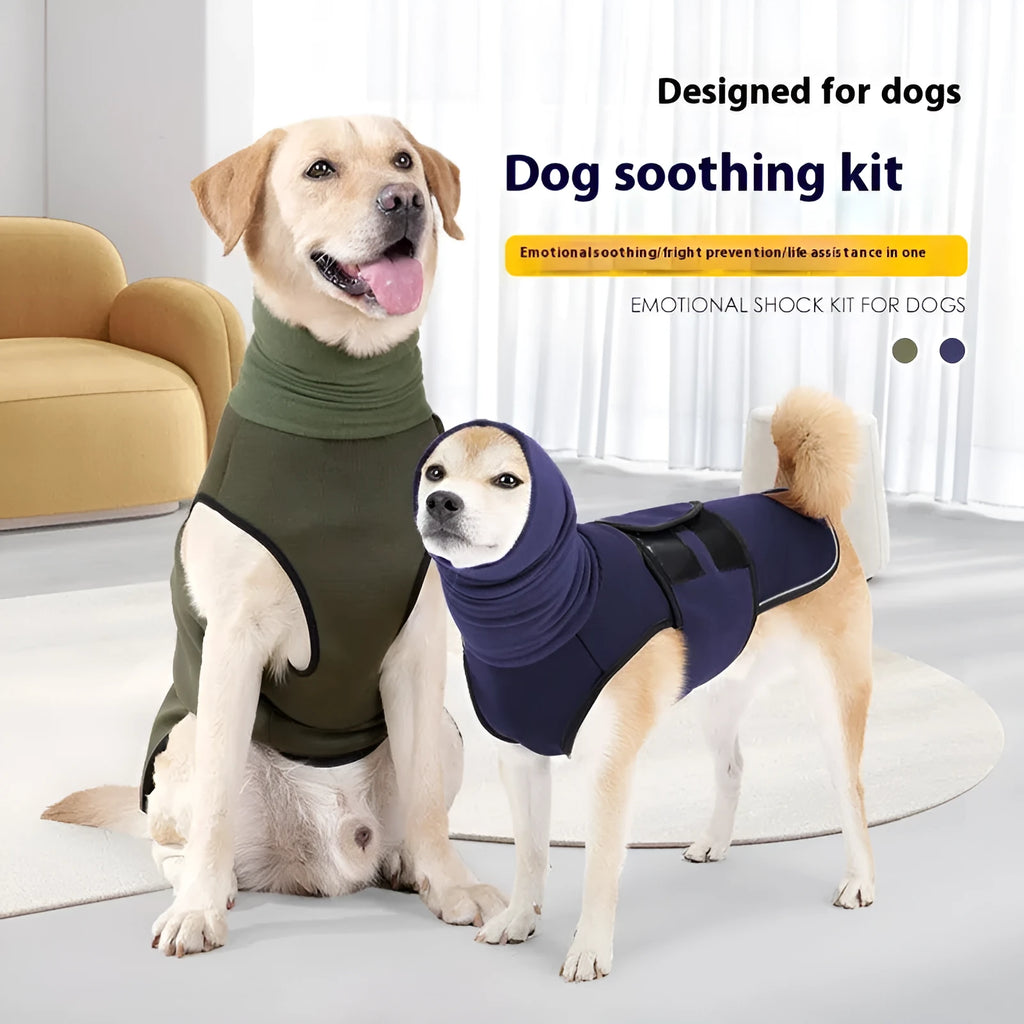 Army green polyester dog anti-anxiety jacket wrapped around a dog for calming pressure.