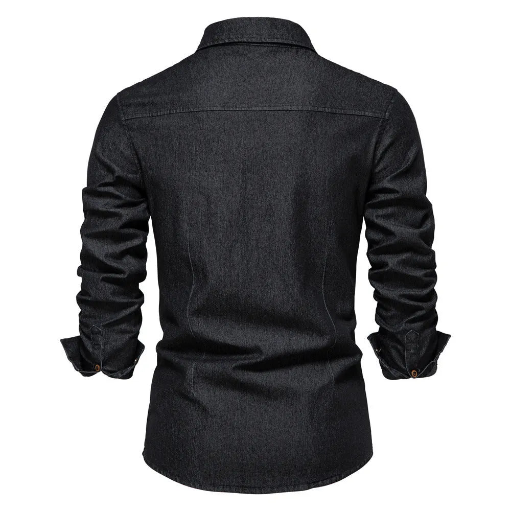 Men's slim fit cotton denim shirt in solid colour with long sleeves and button front