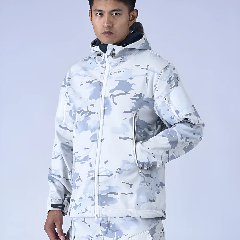 Snow camouflage waterproof fleece windbreaker with wool lining, autumn winter outdoor jacket