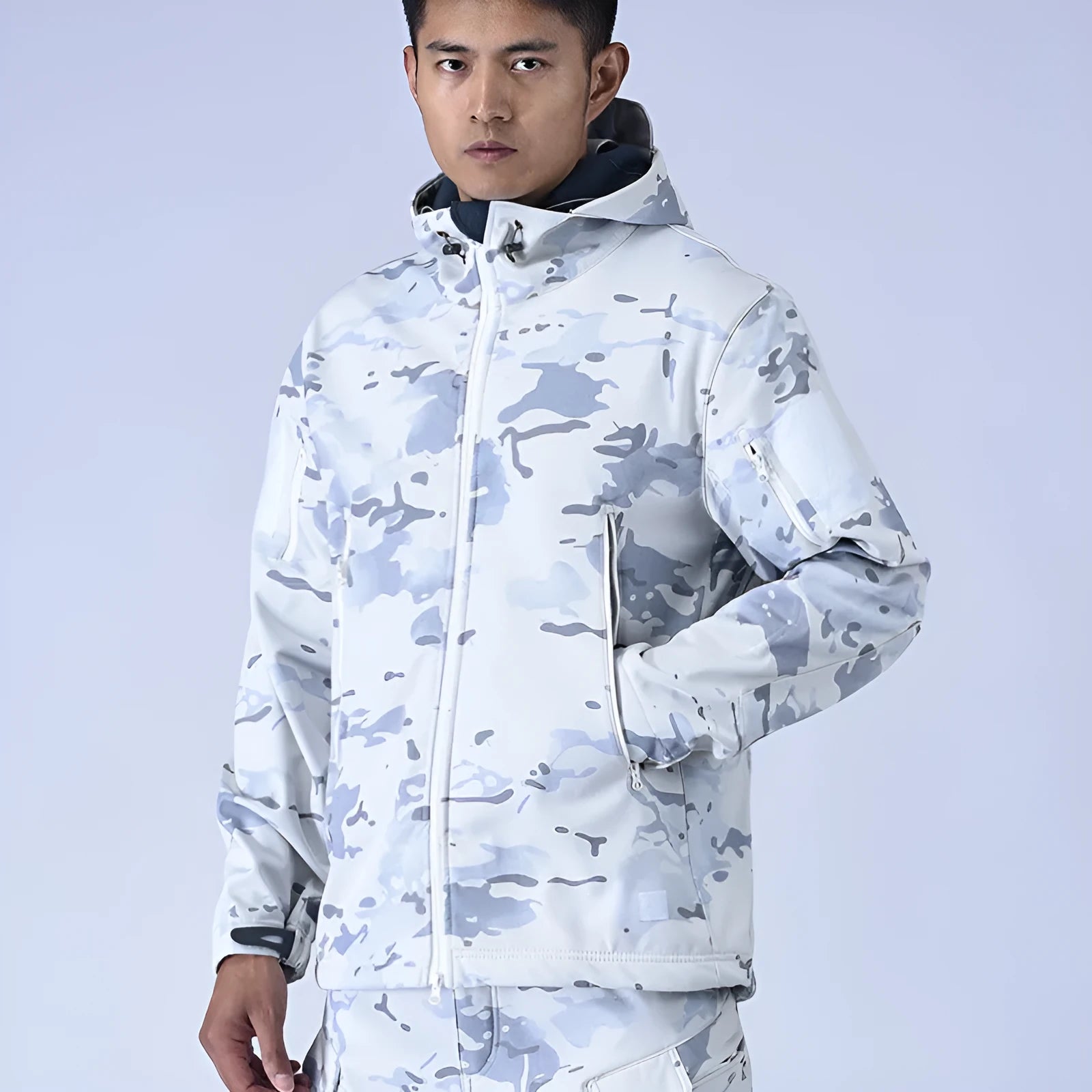 Snow camouflage waterproof fleece windbreaker with wool lining, autumn winter outdoor jacket