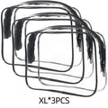 Set of three semi-transparent PVC makeup bags in black, pink, and white colours with handles