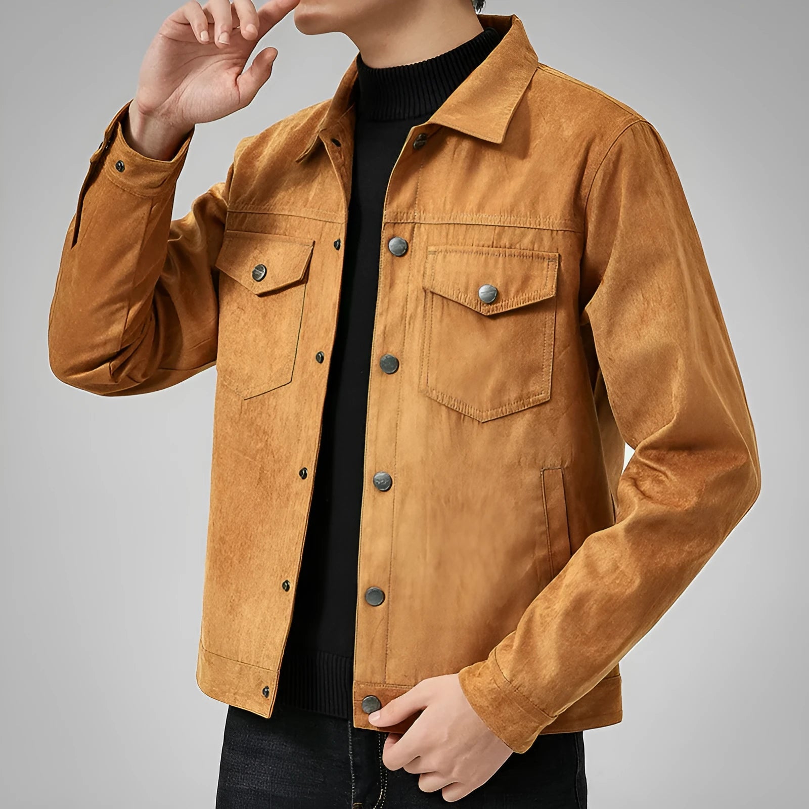 Men's brushed suede slim fit jacket in khaki, with topstitching slit pockets