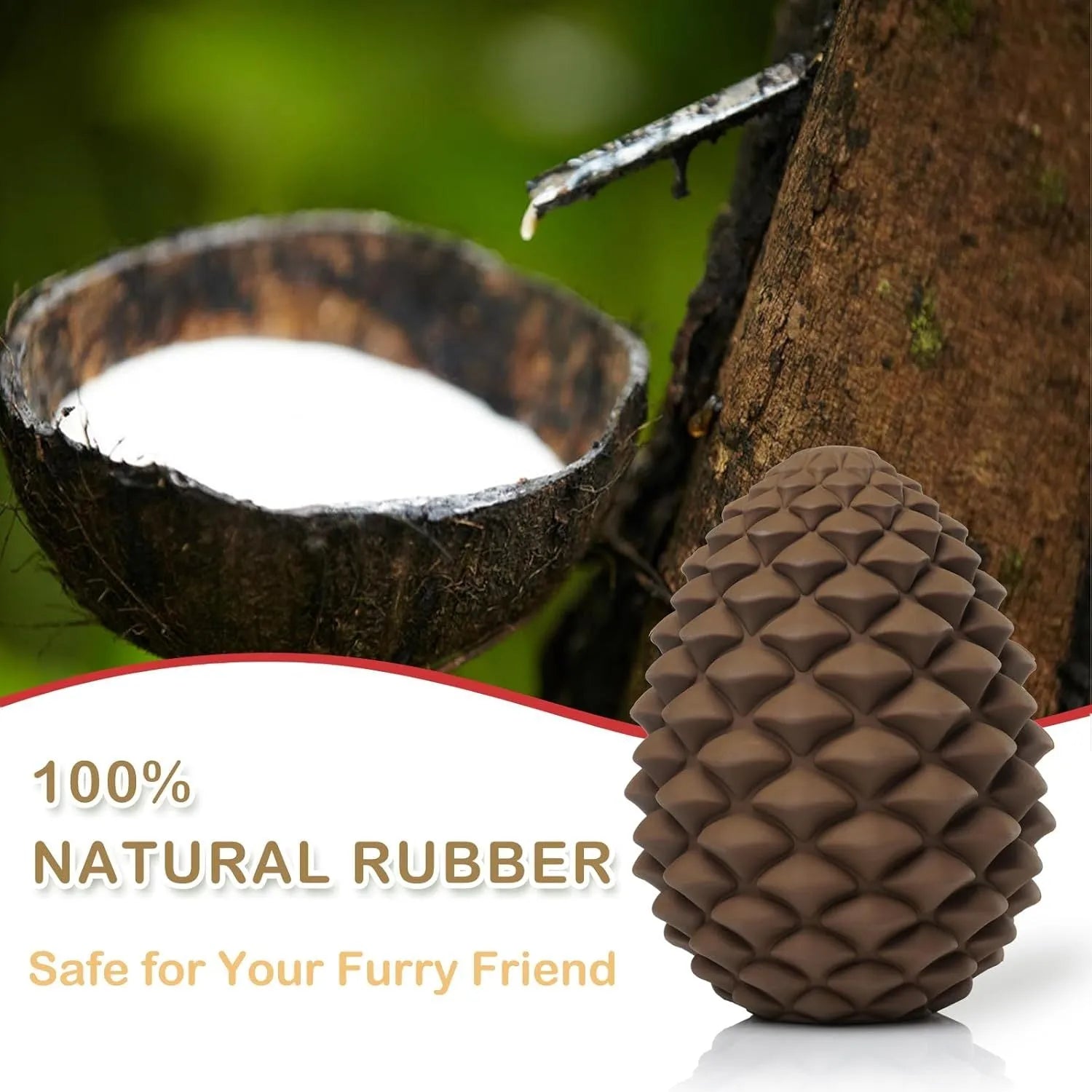 Yellow pine cone-shaped natural rubber dog toy with textured surface and treat dispenser hole.