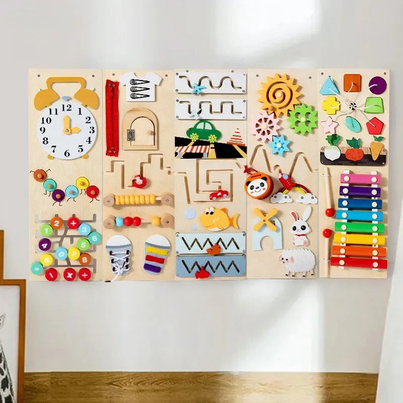 Wooden multi-functional busy wall board educational toy for children aged 4-6 with dimensions 46x15.5x18 cm