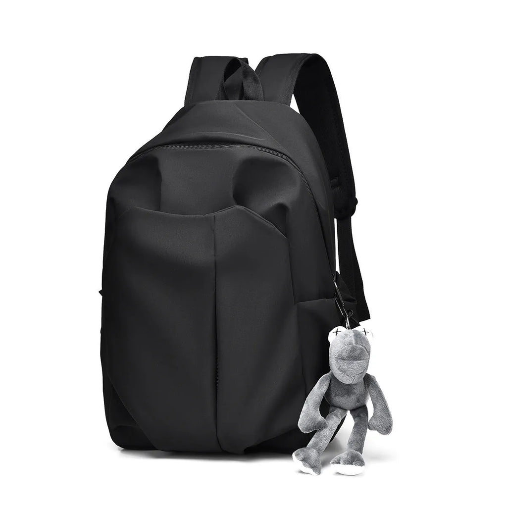 Casual large capacity Oxford cloth backpack in black with curved shoulder straps and sewing line detail