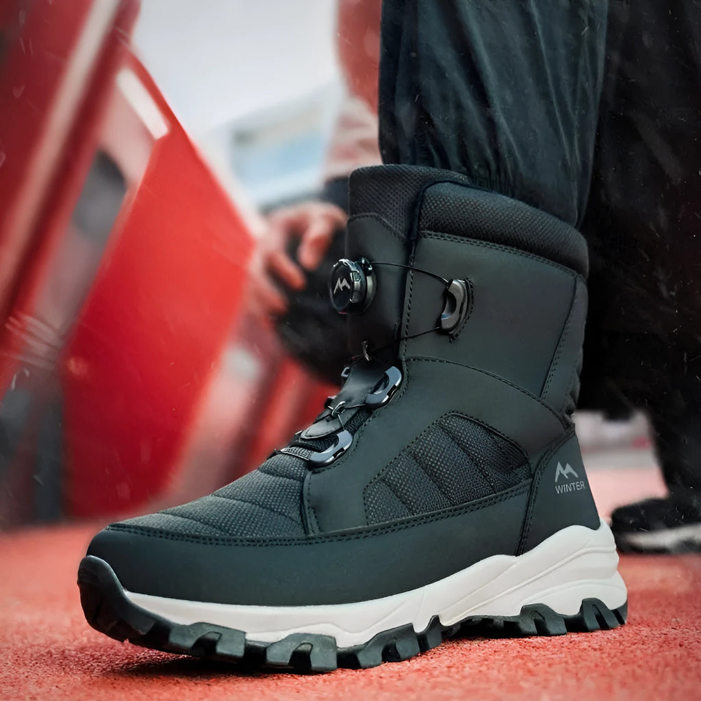 Solid colour fleece-lined button snow boots with Oxford cloth upper and non-slip rubber outsole, black men's boot side view