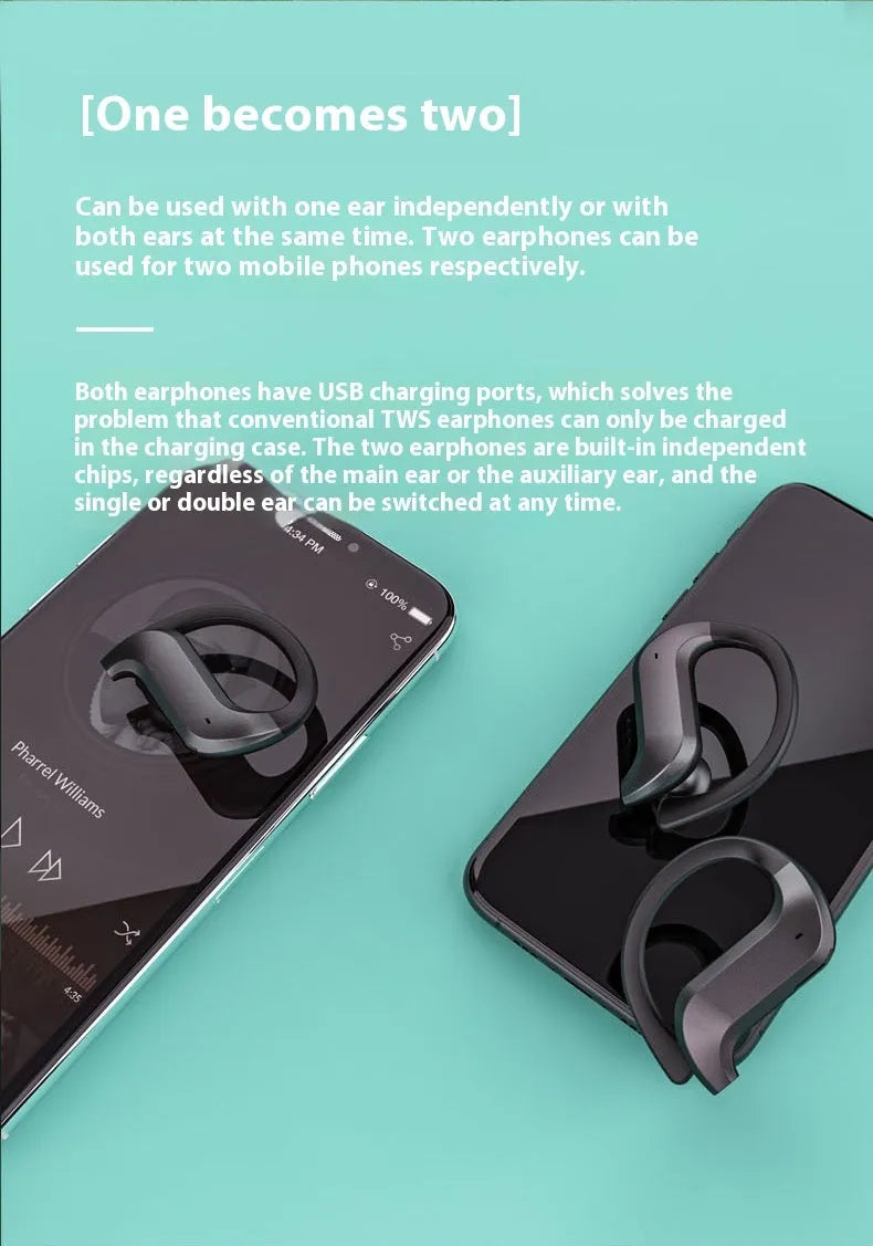 Black plastic wireless TWS sports Bluetooth headset with digital display screen, ear-mounted design
