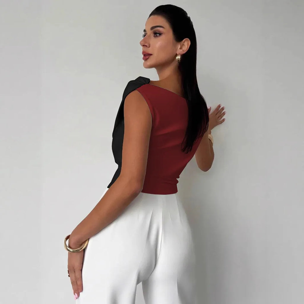 Colour-blocked asymmetric shoulder ruffled hem slim-fit polyester top for women in black with white panels