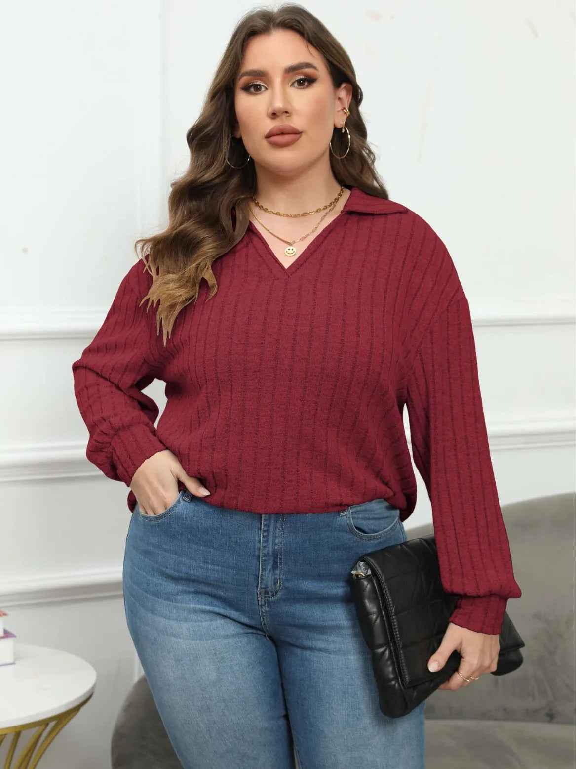 Women's plus size gray polo collar fleece shirt with lantern sleeves in street fashion style