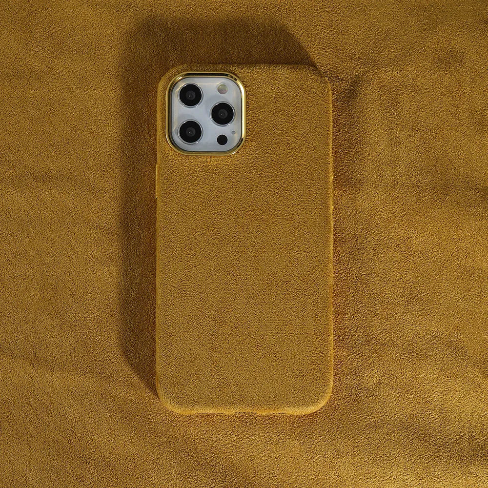 Turn Fur furry mobile phone case in solid colour, hot press moulded PU PET rear cover for iPhone