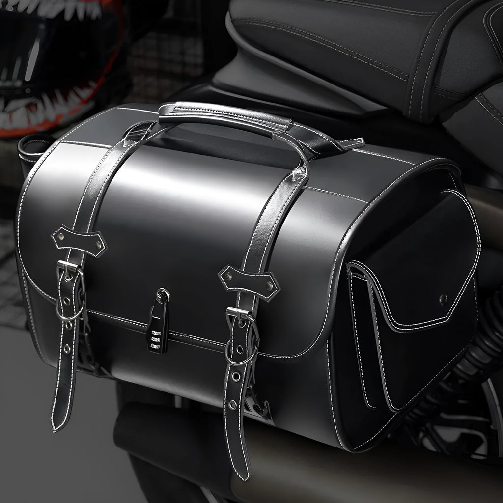 Dark punk style motorcycle tail bag with a built-in coded lock, made from PU material.