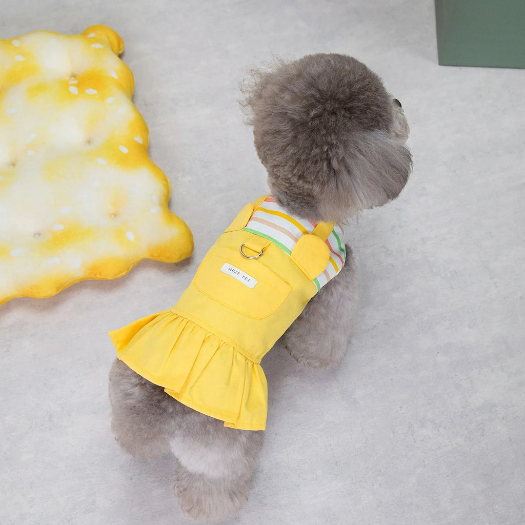 Orange and yellow striped patchwork cotton skirt for dogs on a mannequin