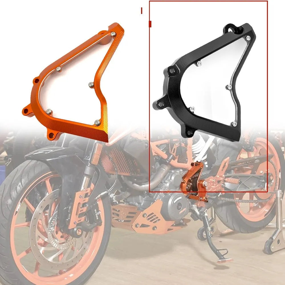 KTM Duke motorcycle chain front gear cover replacement in black or orange for 2017-2020 models