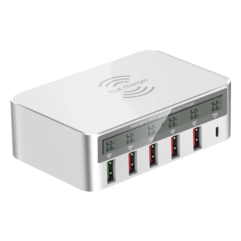 QC30 50W six-port USB desktop charger with optional wireless pad and UK plug.