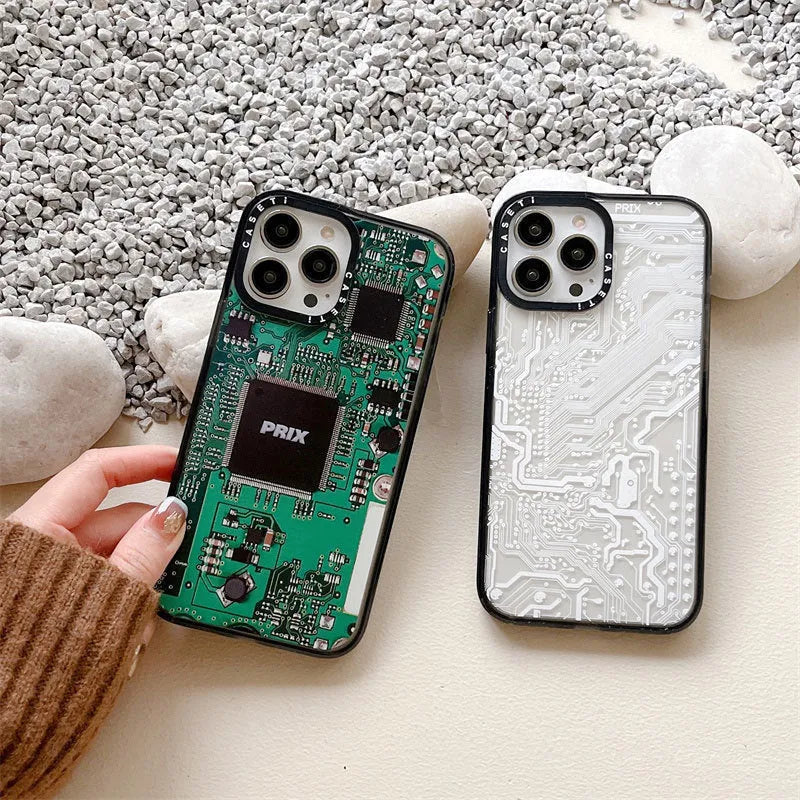 Circuit board iPhone case with engraved acrylic side panel, hard PC shell, IC board colour