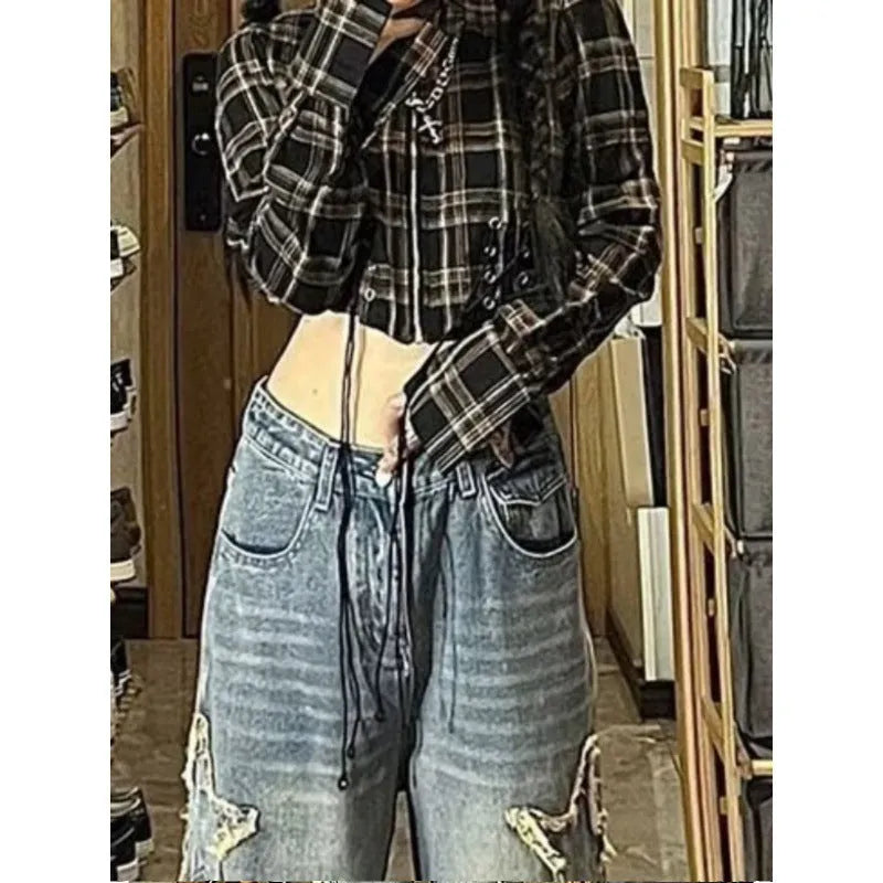 Women's blue high-waisted wide-leg denim trousers in straight-leg style