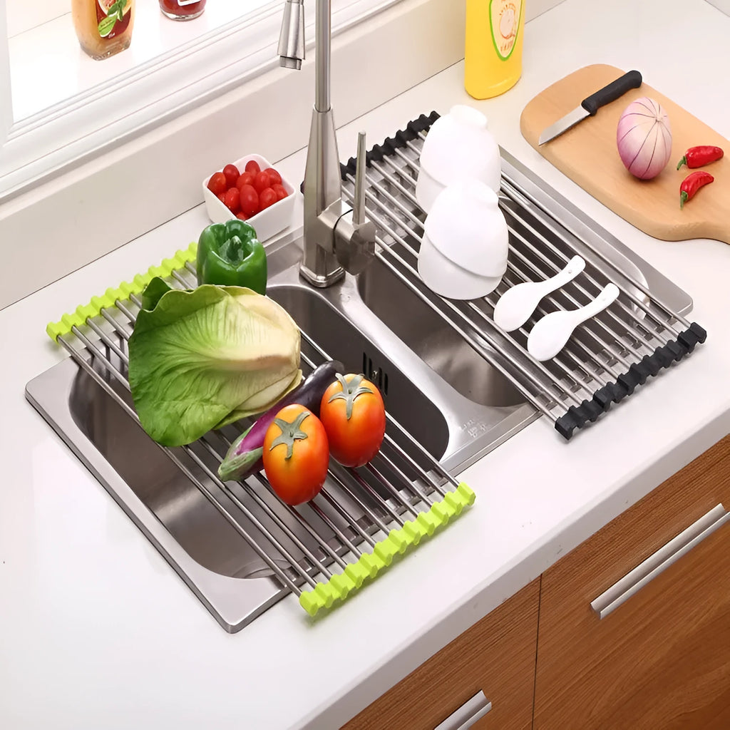 Folding stainless steel kitchen sink drain rack in red colour with multiple drainage tubes