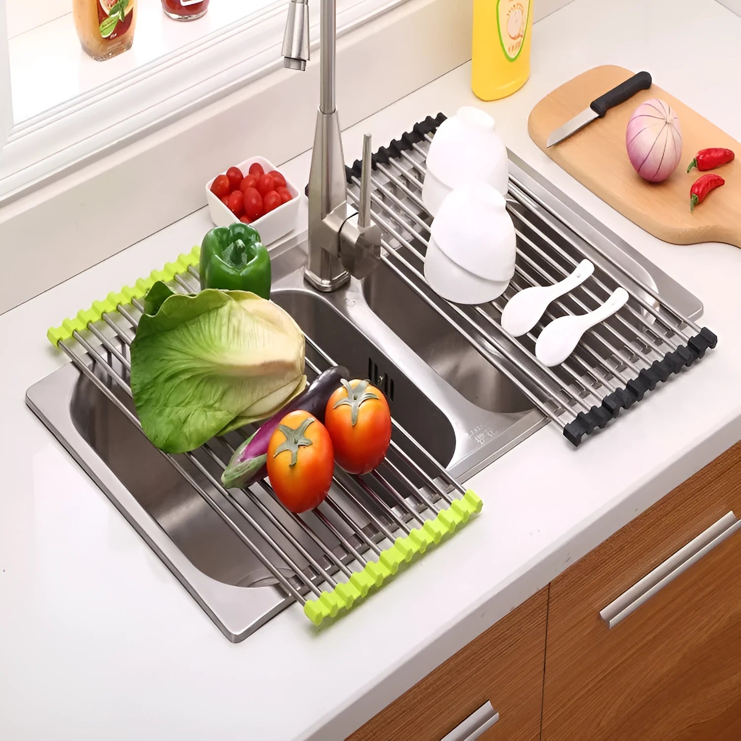 Folding stainless steel kitchen sink drain rack in red colour with multiple drainage tubes