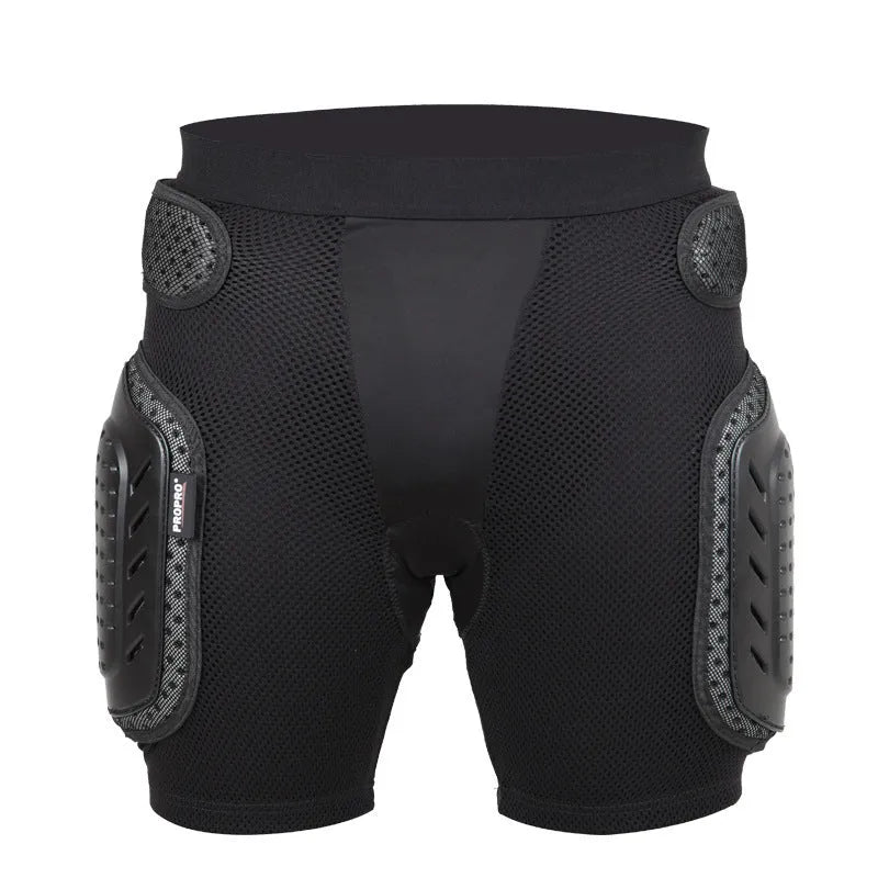 Black cycling hip protection pants showing protective panel positioning for hip impact reduction