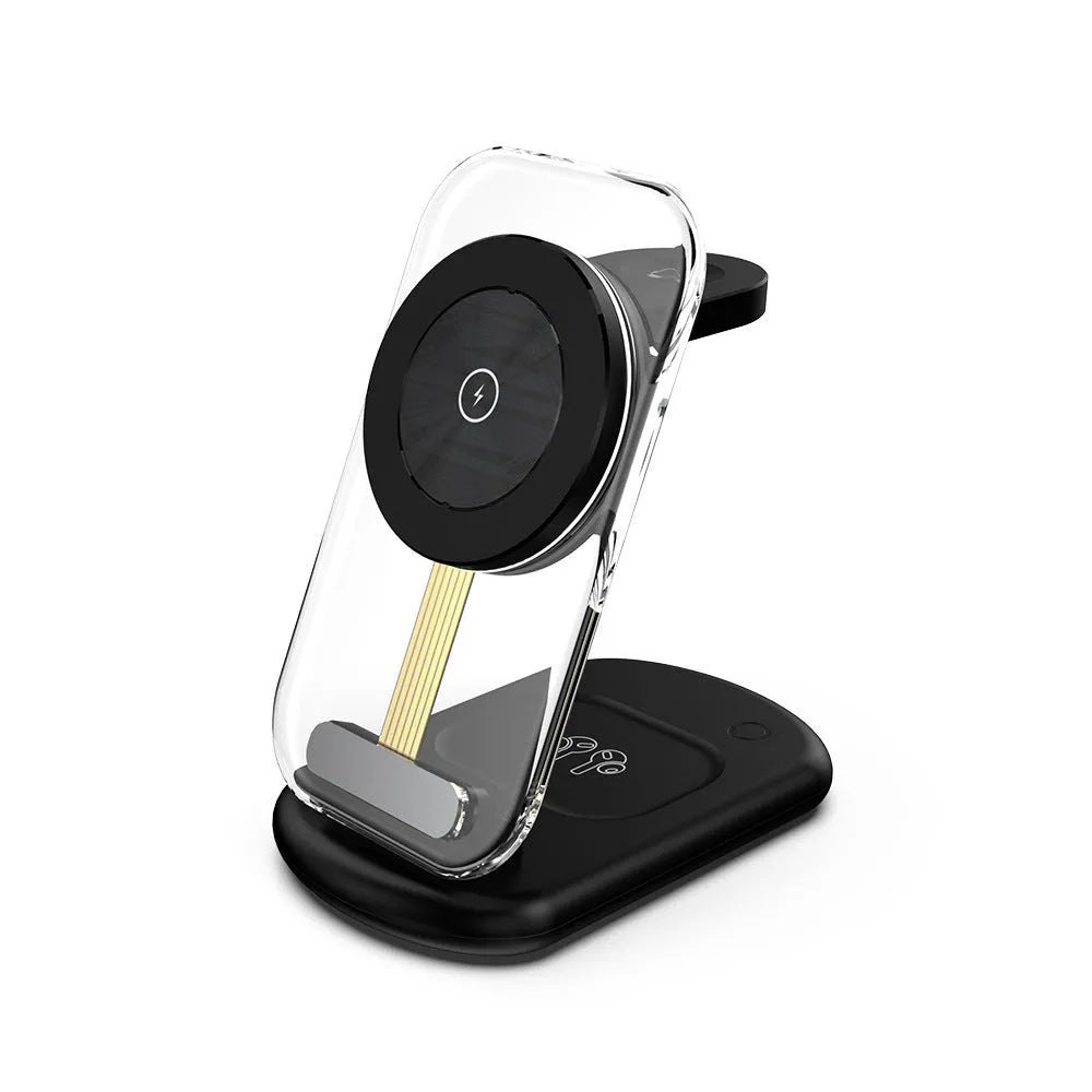 Transparent folding magnetic three-in-one wireless charger in black, showing fast charge QC3.0 and 18W output details.