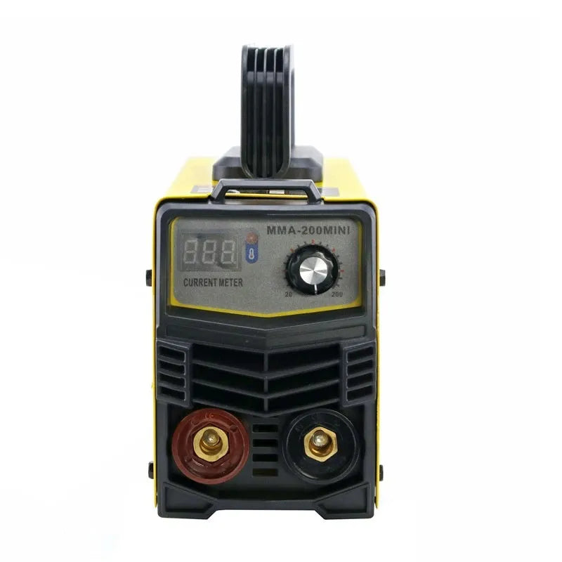 MMA-200MIN 220V inverter DC welding machine with welding tongs, clamps, and face shield on a workbench.