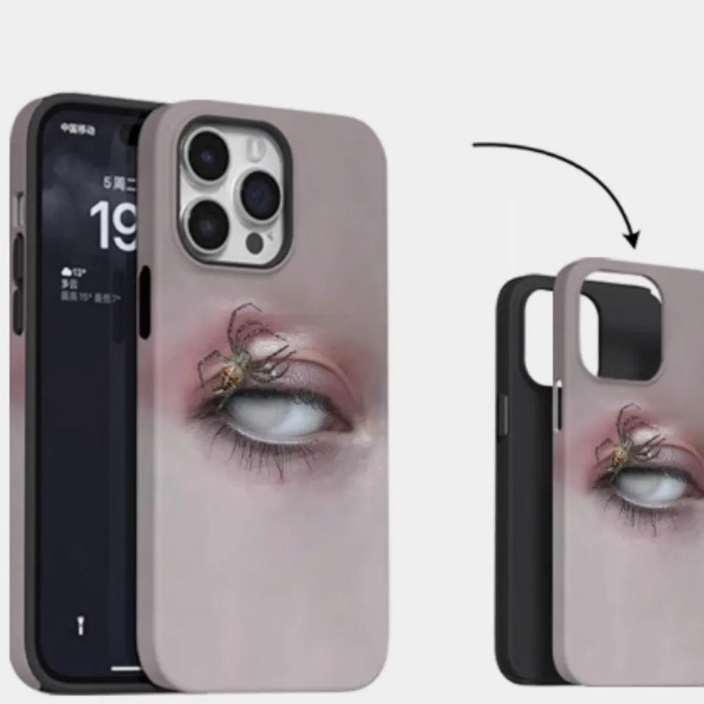 Dark heterochromatic spider pattern resin phone case for iPhone, shown in frosted colour option.