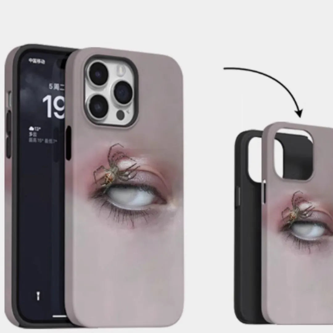 Dark heterochromatic spider pattern resin phone case for iPhone, shown in frosted colour option.